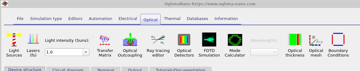 OghmaNano optical ribbon toolbar showing Light sources, Transfer Matrix, Optical outcoupling, Ray tracing editor, Optical detectors, FDTD simulation, Mode calculator, and related tools.