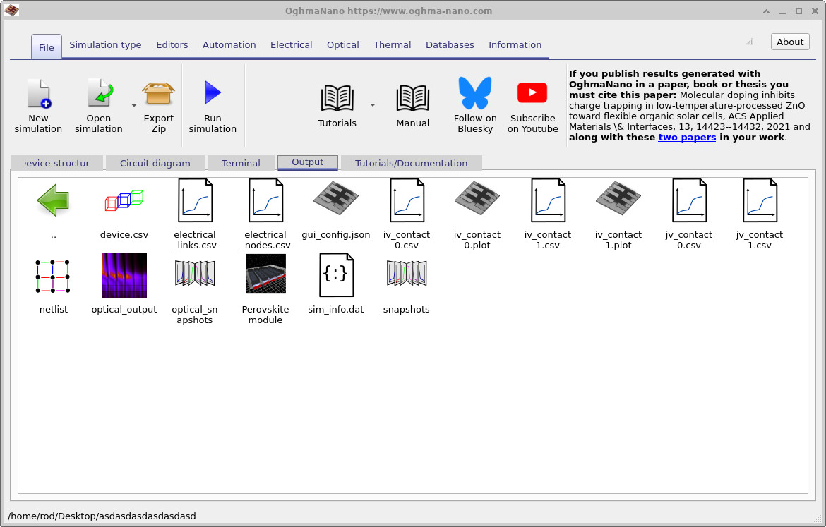 OghmaNano main window showing the blue Run simulation button and the Output tab containing generated result files.