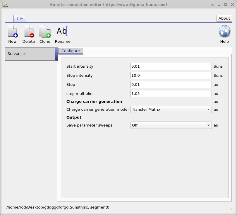 Suns–Jsc configuration window with start/stop intensity and step multiplier fields.