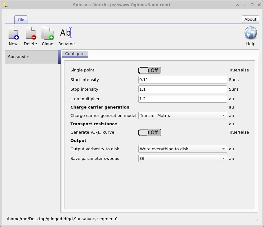 Suns–Voc configuration panel with start/stop intensity and step settings.