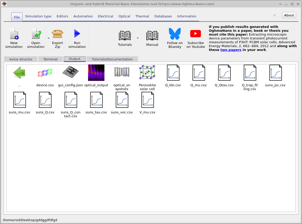 Output tab after running the simulation showing generated files including suns_voc.csv.