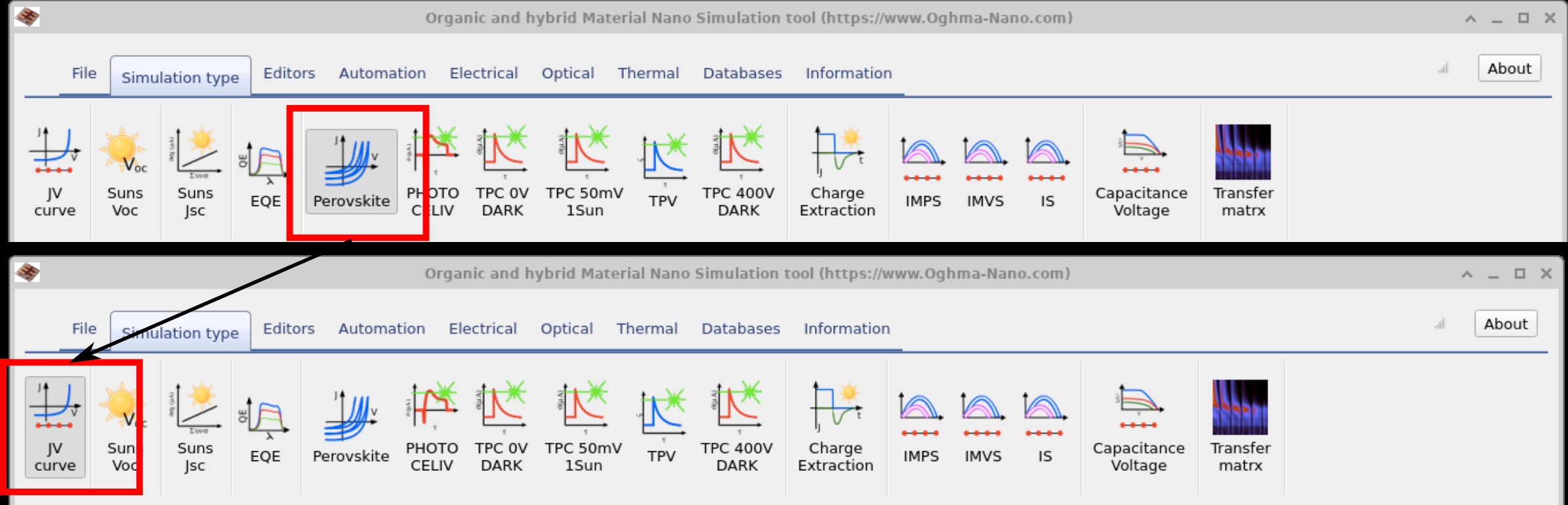OghmaNano Simulation type ribbon highlighting how to switch from Perovskite (time-domain) to JV curve (steady-state) mode.