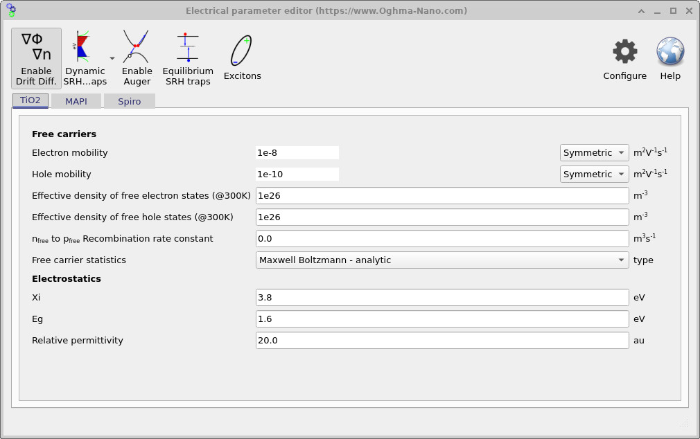Electrical parameter editor window showing parameters for the TiO₂ layer.