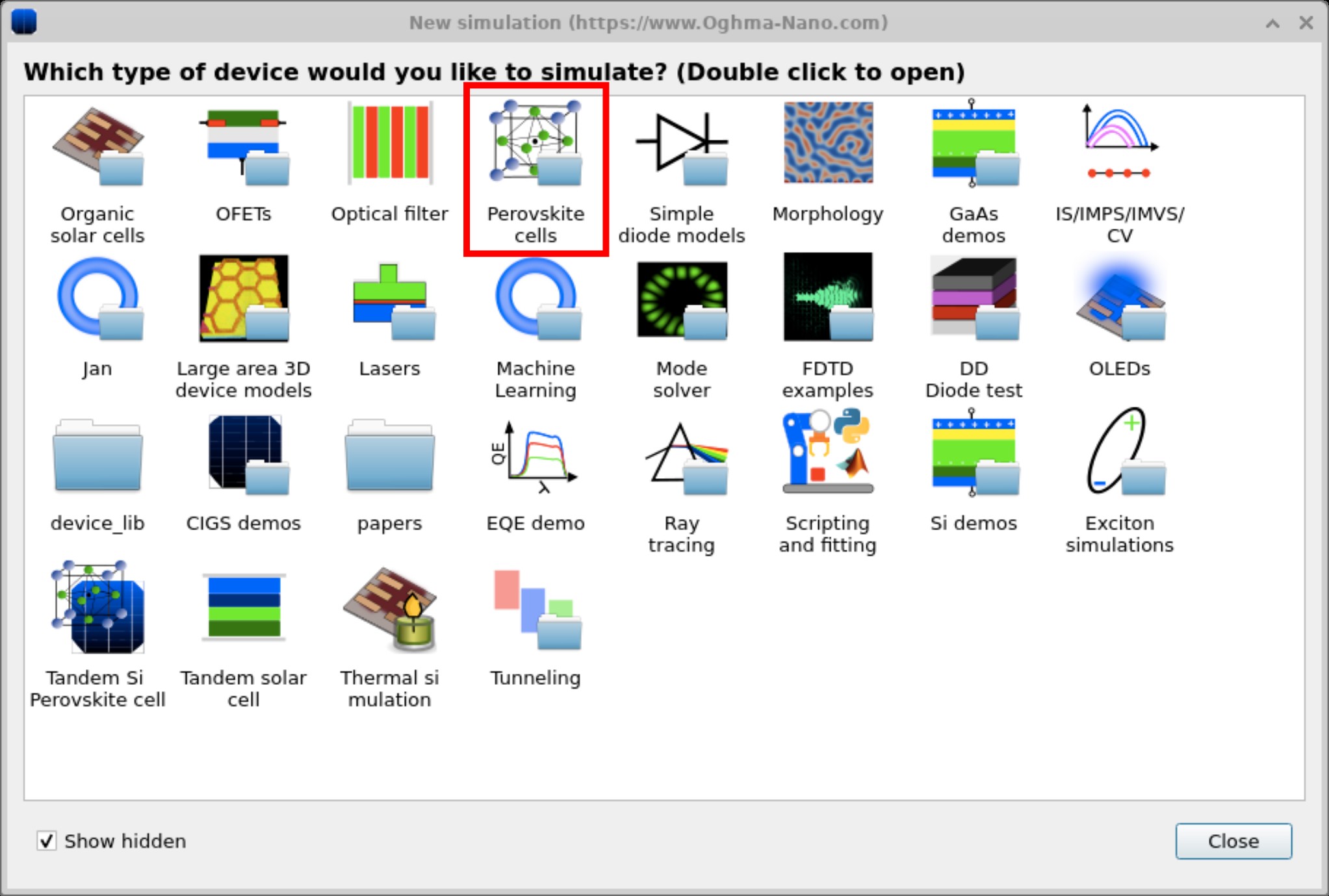 OghmaNano new simulation window with device categories including perovskite cells, OLEDs, OFETs, GaAs demos, ray tracing, and FDTD examples
