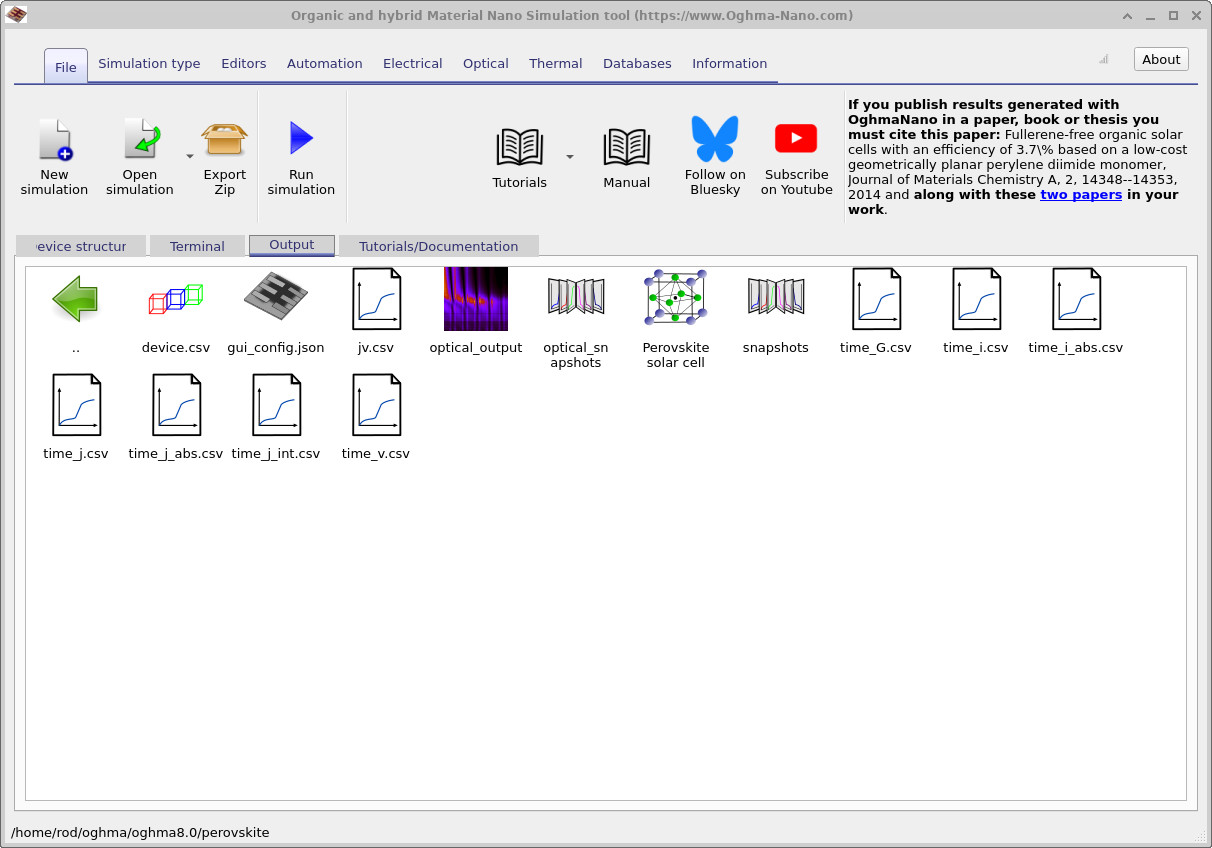 OghmaNano Output tab showing the working directory with simulation result files such as jv.csv, optical_output, snapshots, and time-dependent current/voltage data.