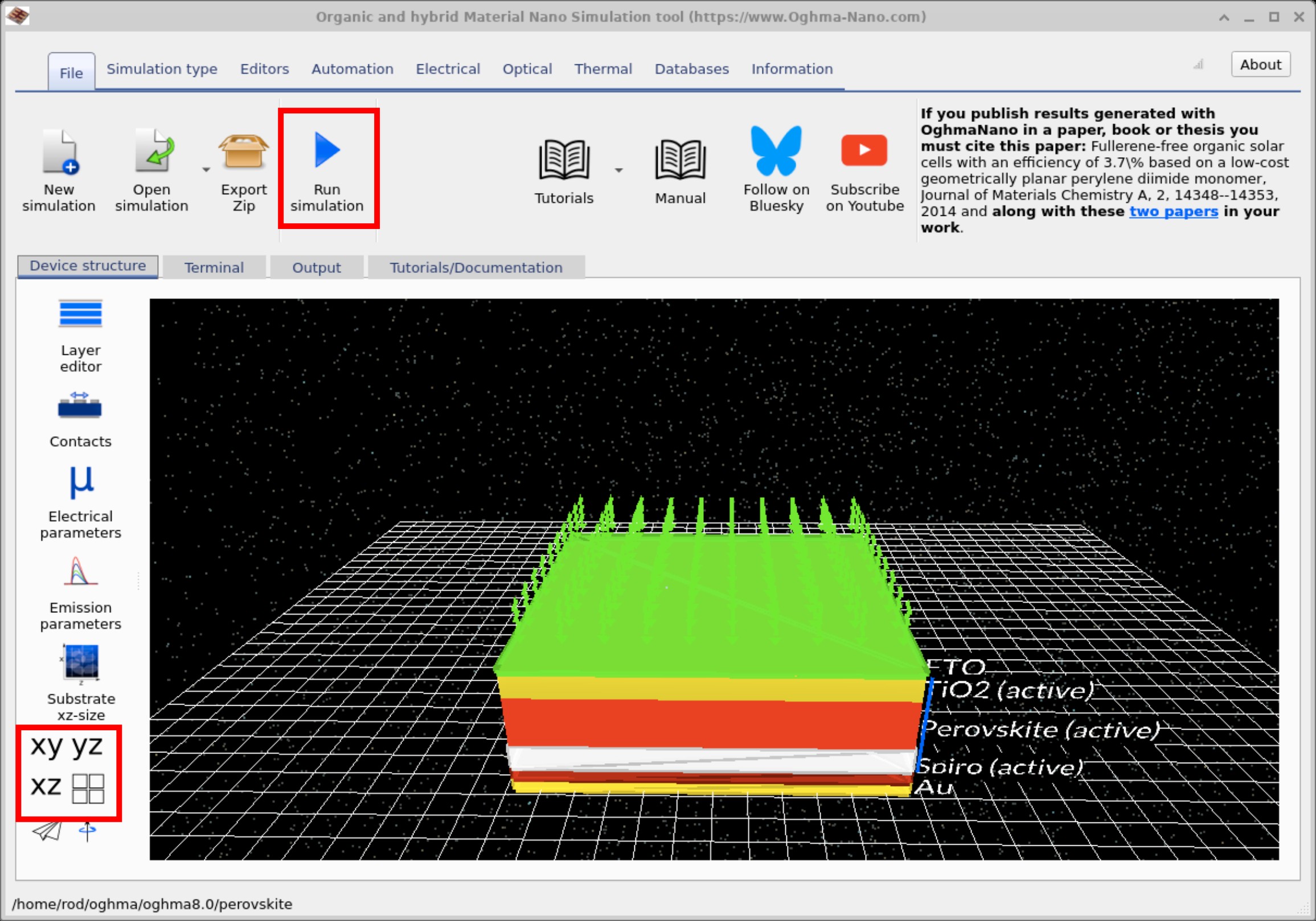 Main OghmaNano interface showing the Run Simulation button and a 3D cross-section of a perovskite solar cell stack with layers labelled FTO, TiO₂, Perovskite, Spiro, and Au.