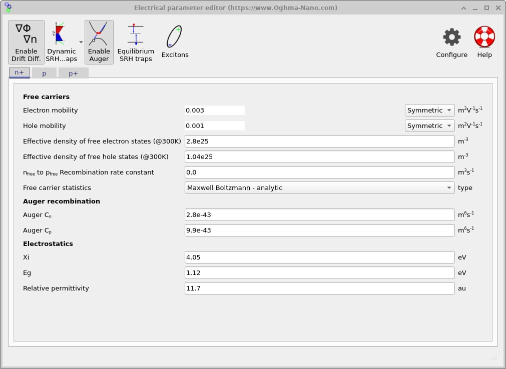 Electrical parameter editor for the n+ layer showing mobilities, effective densities of states, Auger recombination coefficients, and electrostatics
