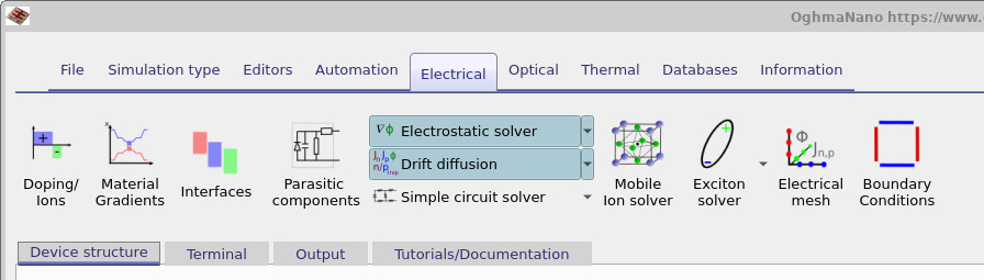 Electrical ribbon in the OghmaNano main window showing buttons for Doping/Ions, material gradients, parasitic components, and solver settings