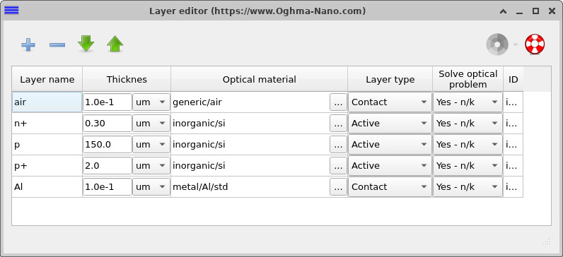 Layer editor showing the n+, p, and p+ silicon layers and aluminium back contact