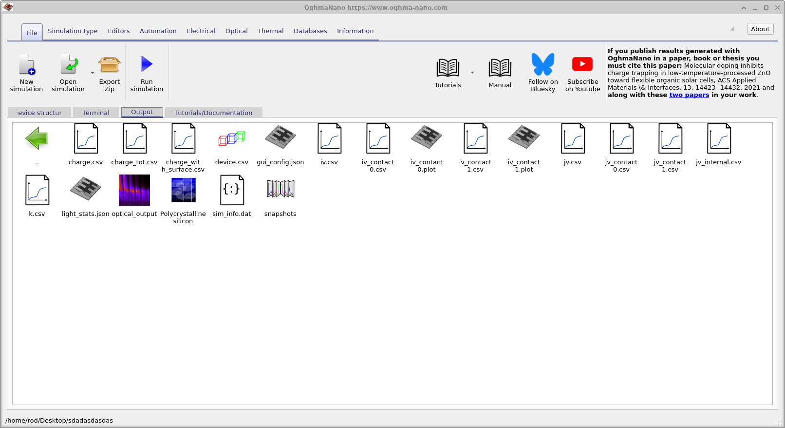 Output tab showing simulation result files including jv.csv and siminfo.dat