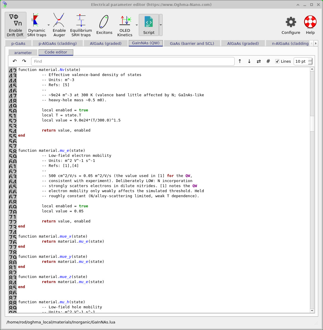 GaInNAs electrical parameter editor displaying its Lua material file, including effective valence density of states and mobility.