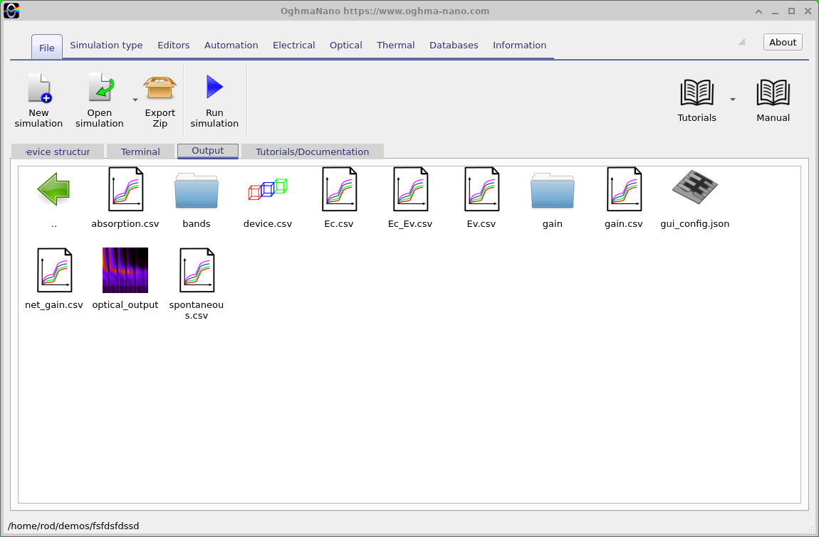 OghmaNano Output tab showing bands and gain folders, plus conduction, valence, gain, absorption and spontaneous CSV files.