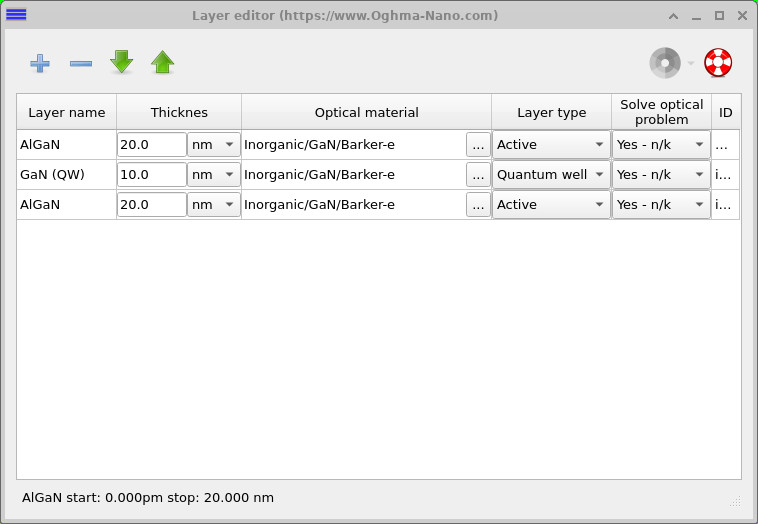 Layer editor showing 20 nm AlGaN, 10 nm GaN quantum well, and 20 nm AlGaN.