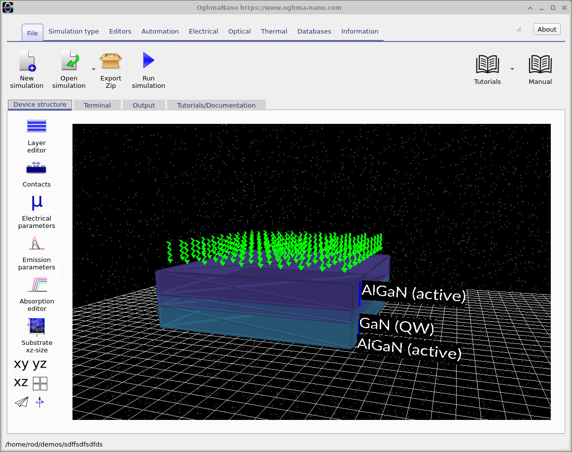 OghmaNano three-dimensional view of the AlGaN GaN AlGaN quantum-well stack.