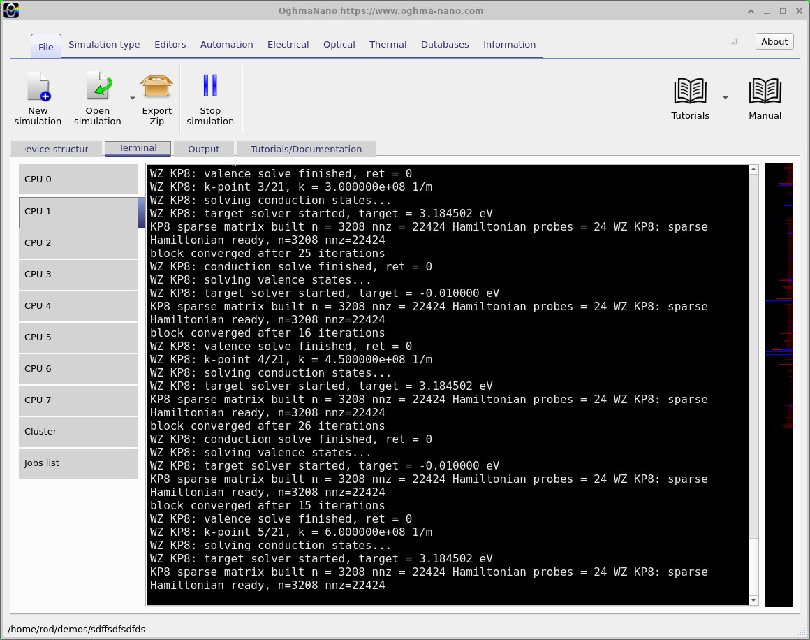 Terminal showing WZ KP8 Hamiltonian assembly, convergence and successive in-plane k-points.