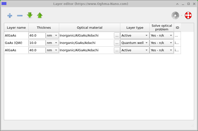 Layer editor displaying 40 nm AlGaAs, 10 nm GaAs quantum well and 40 nm AlGaAs.