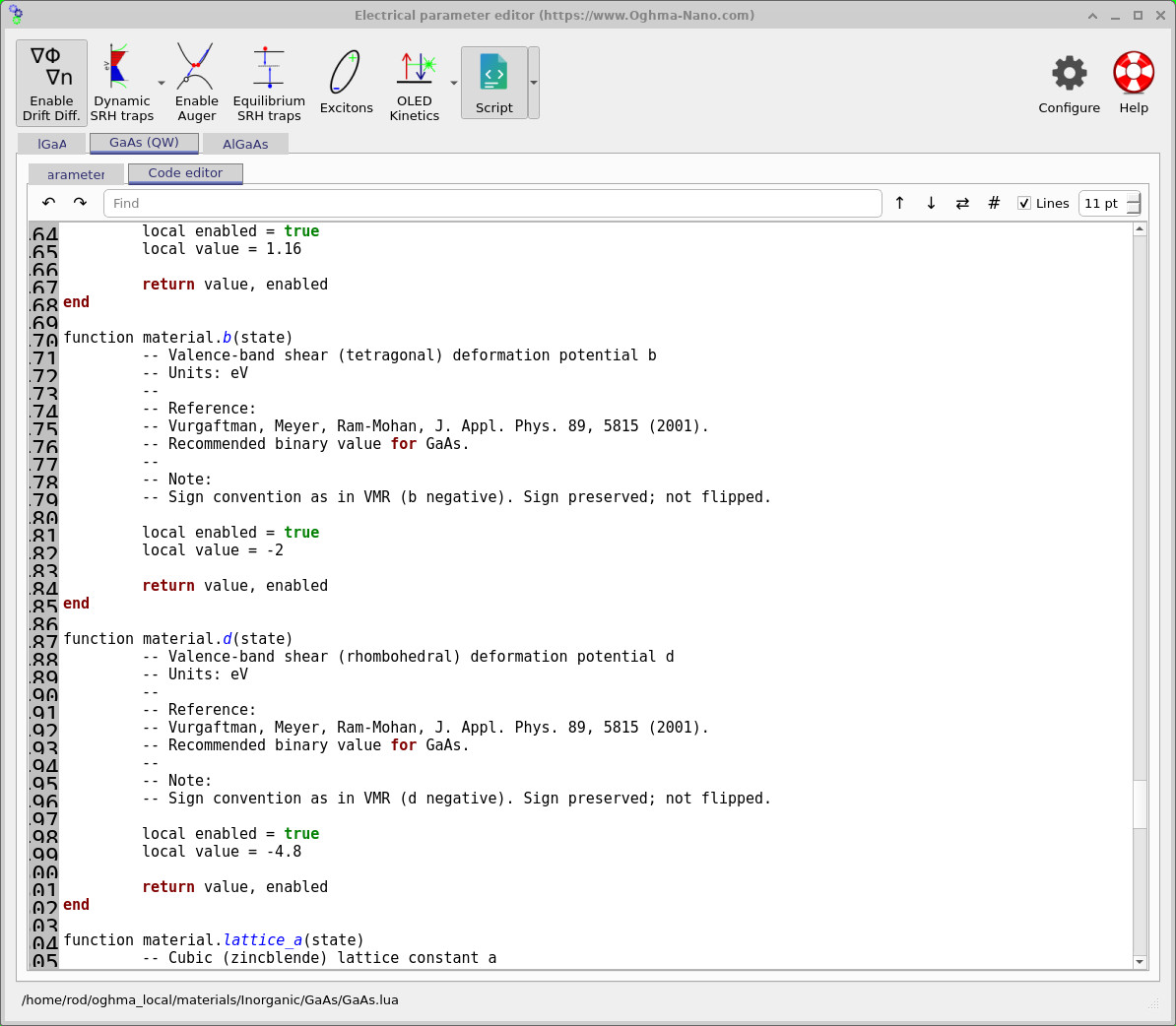 Electrical parameter editor showing Lua functions for GaAs material parameters, including valence-band deformation potentials.