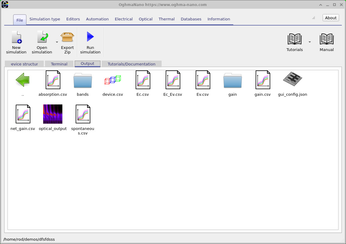 OghmaNano Output tab displaying bands and gain directories together with Ec, Ev, Ec_Ev, gain, absorption, net_gain and spontaneous CSV files.