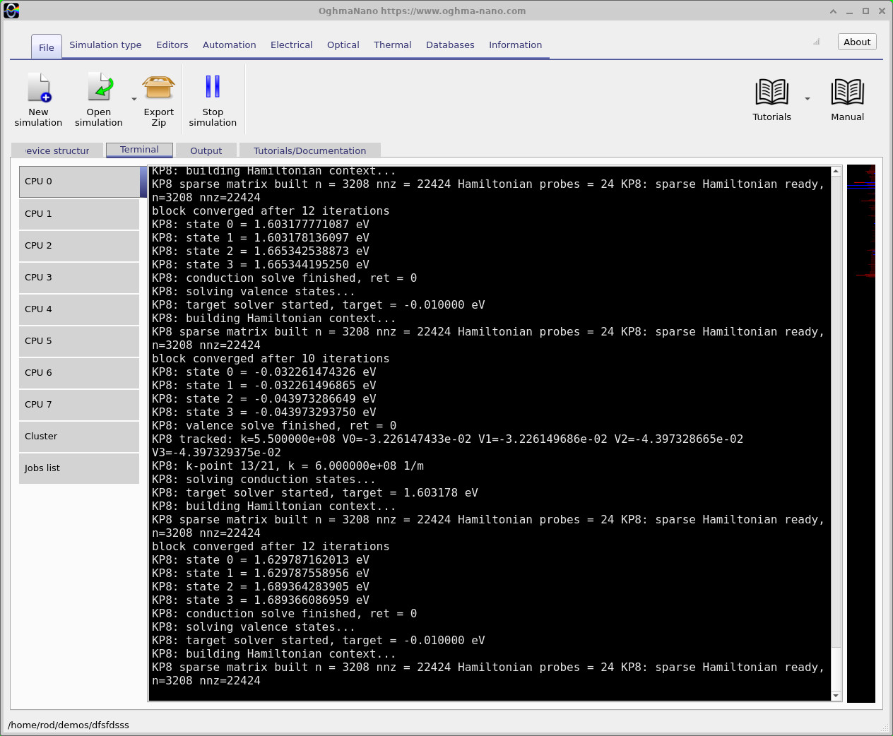 Terminal displaying the KP8 sparse Hamiltonian build, converged conduction states and valence-state solve.