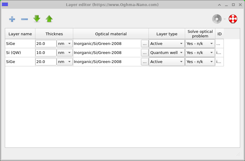 Layer editor showing 20 nm SiGe 10 nm Si quantum well and 20 nm SiGe