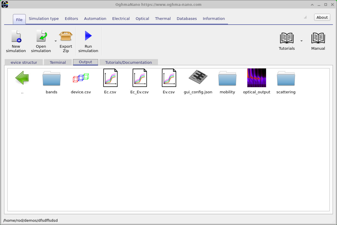 OghmaNano Output tab showing bands, Ev and the scattering and mobility result folders