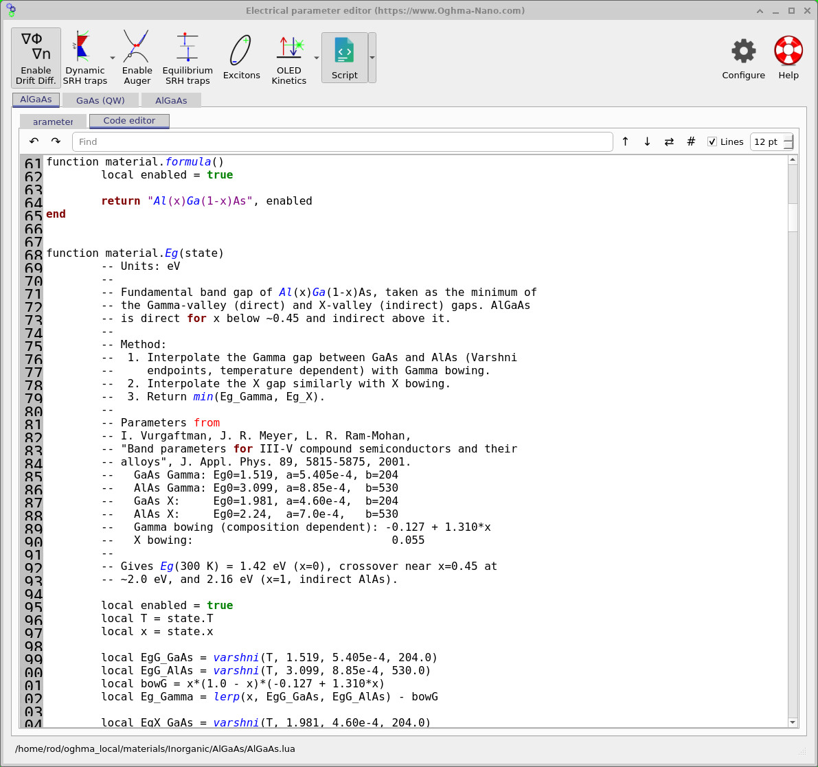 Electrical parameter editor showing the AlGaAs Lua material code and temperature-dependent band-gap calculation.