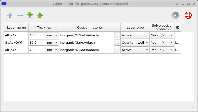 Layer editor with two 40 nm AlGaAs barriers and a 10 nm GaAs quantum well.