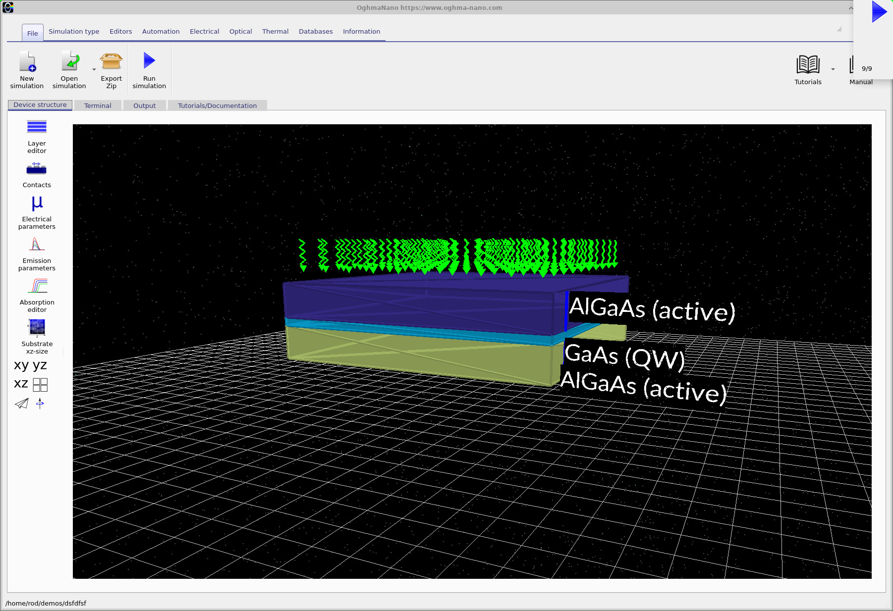 OghmaNano main window showing the three-dimensional AlGaAs/GaAs/AlGaAs layered quantum-well structure.