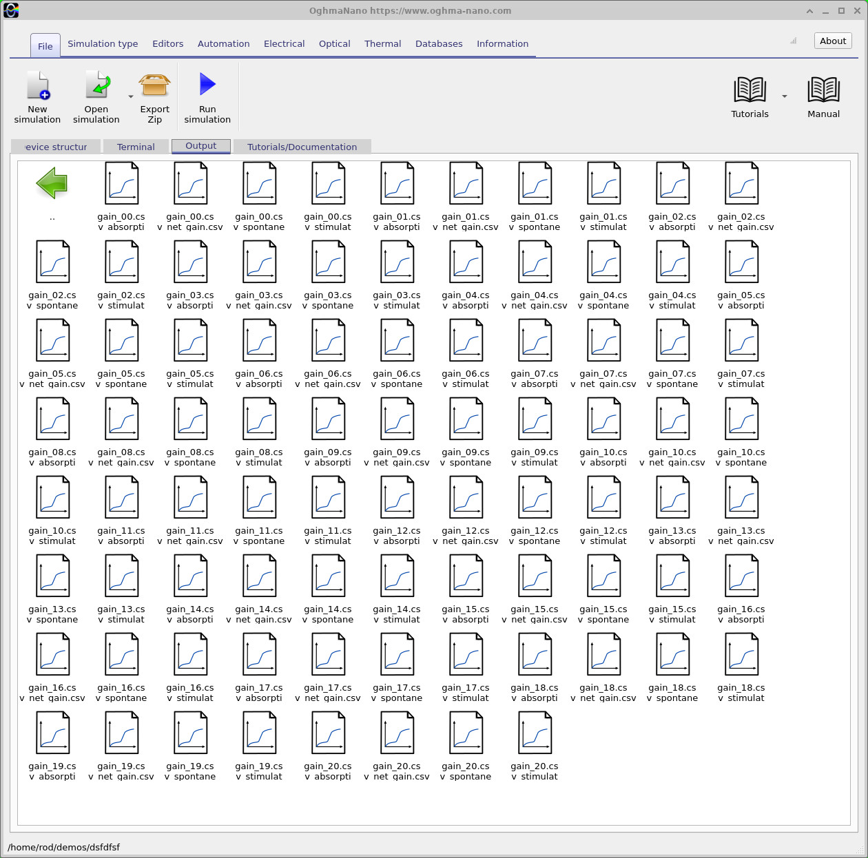 OghmaNano Output tab showing numbered gain CSV files for absorption, net gain, spontaneous emission and stimulated emission.