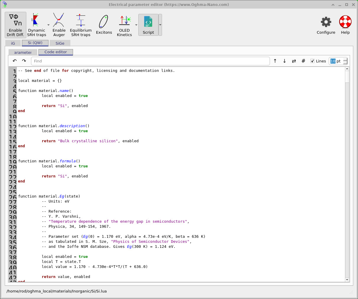 Electrical parameter editor displaying the material definitions for the silicon quantum-well layer.
