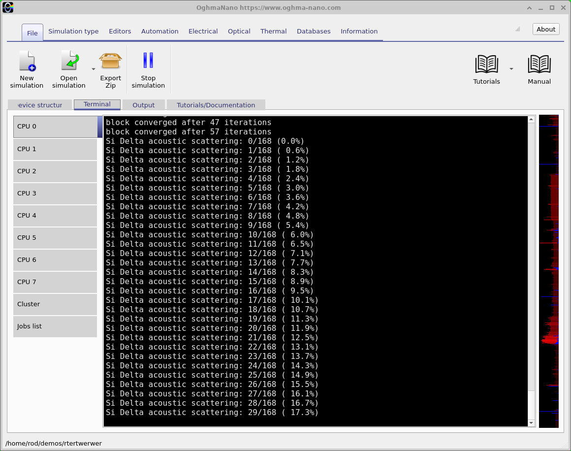 OghmaNano terminal reporting convergence and progress through Si Delta acoustic scattering calculations.