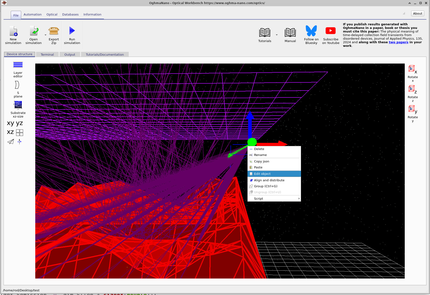 Zoomed view of the simulation with a right-click menu open on the light source and the Edit object option highlighted.