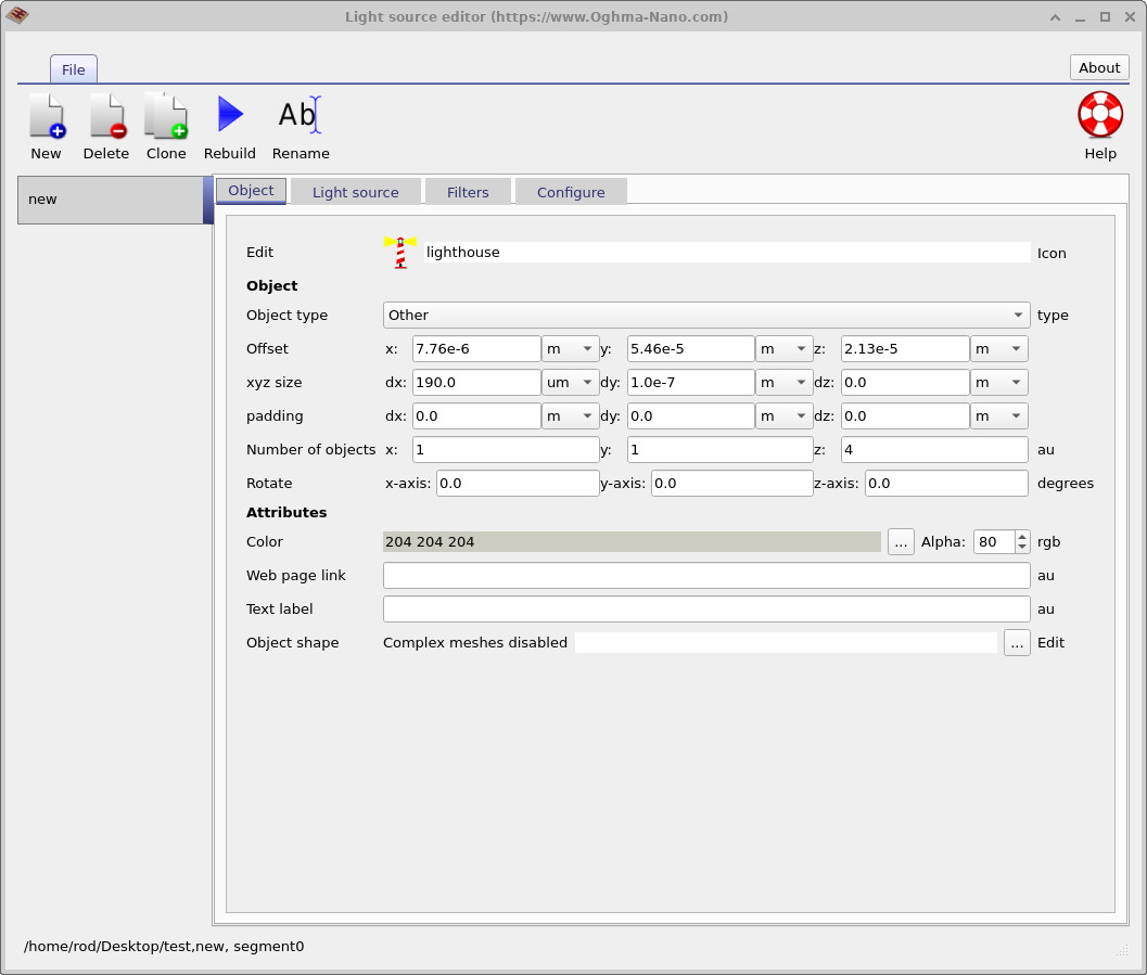 Object tab of the light source editor showing the offset, xyz size, number of objects and rotation fields.