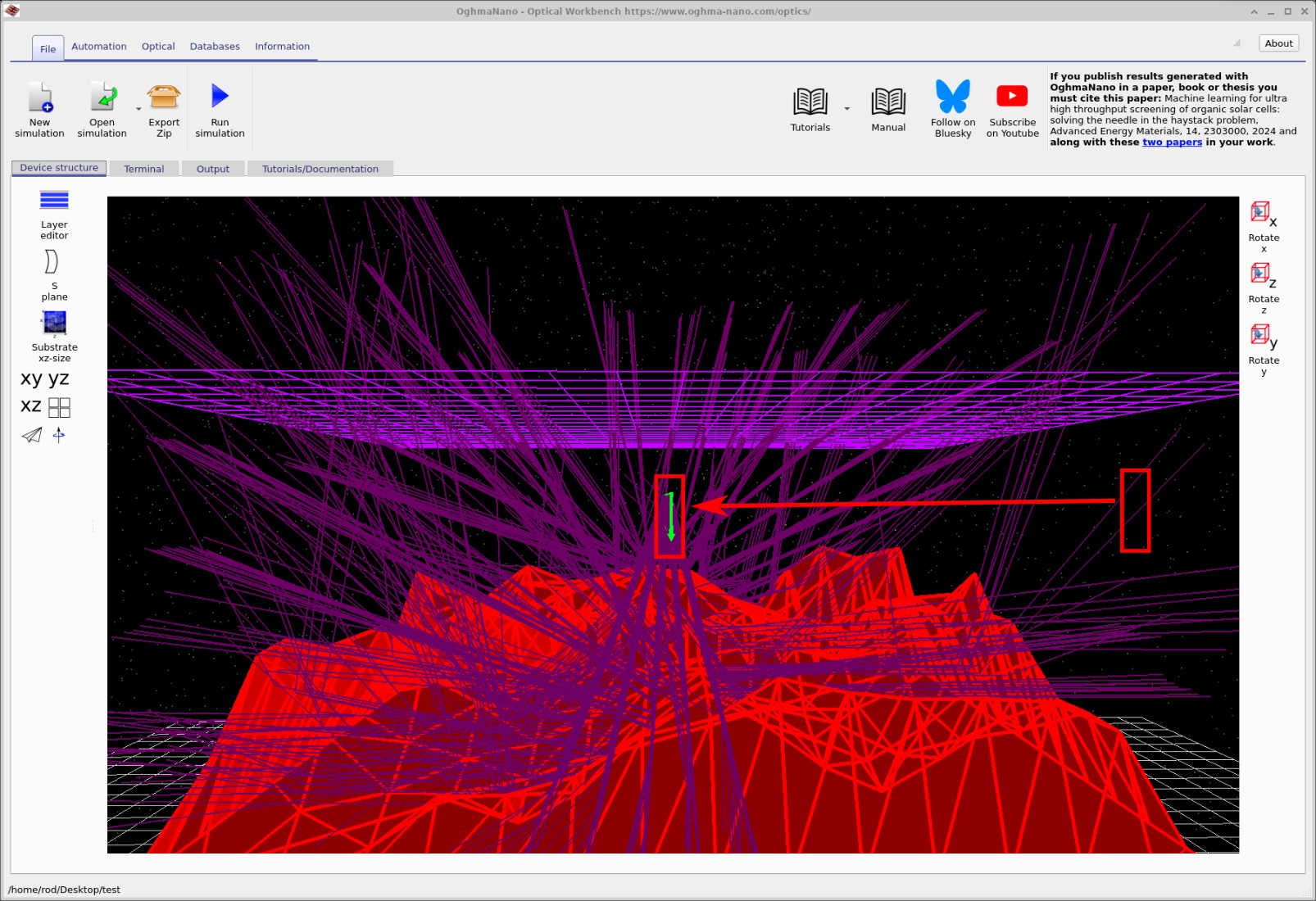 Simulation view showing the light source moved to the centre above the rough film.