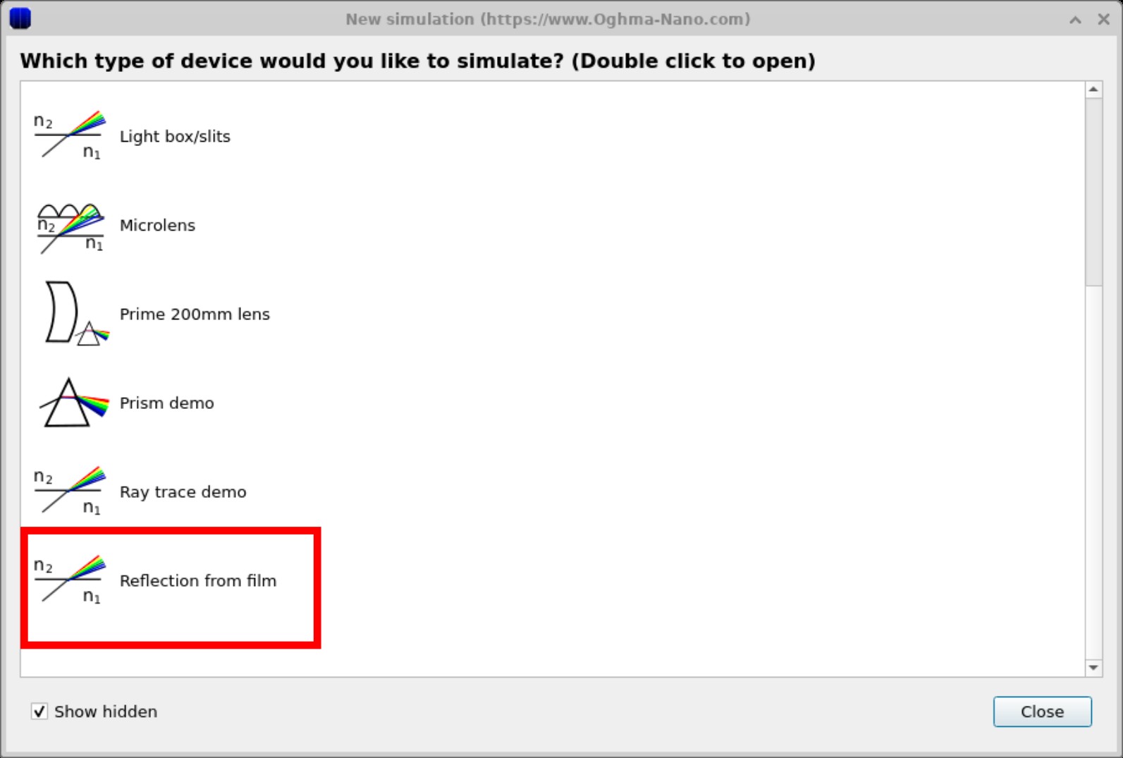 List of ray-tracing demos including light box, microlens, prism demo, and Reflection from film.