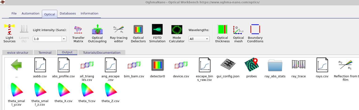 Output tab showing files such as detector0, rays.csv, and other ray-tracing outputs.