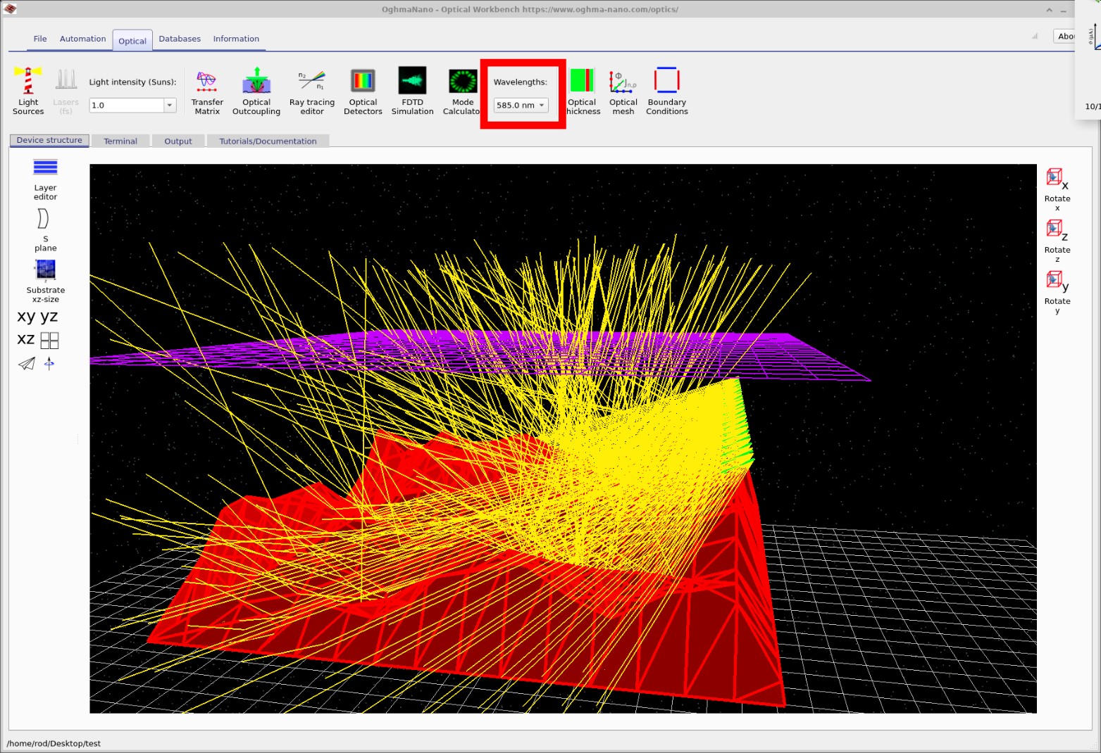 Optical ribbon with the wavelength selection widget highlighted.