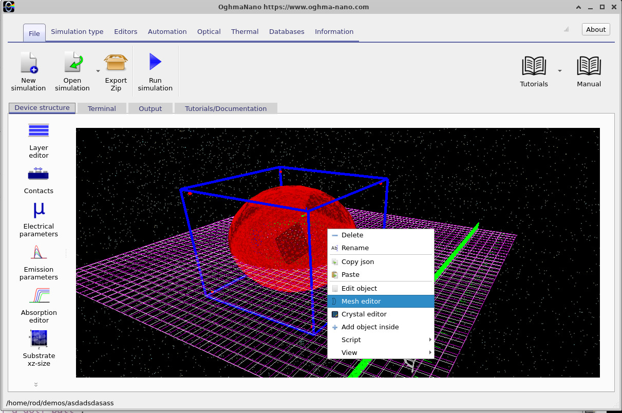 Right-click context menu on the golf-ball object showing options to edit its geometry