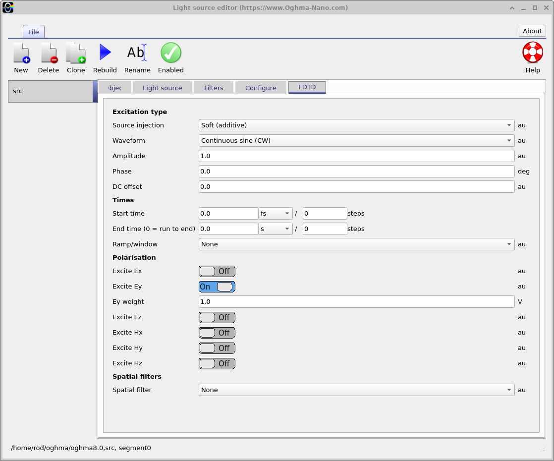 FDTD source editor showing continuous sine excitation, soft additive injection and Ey polarisation enabled