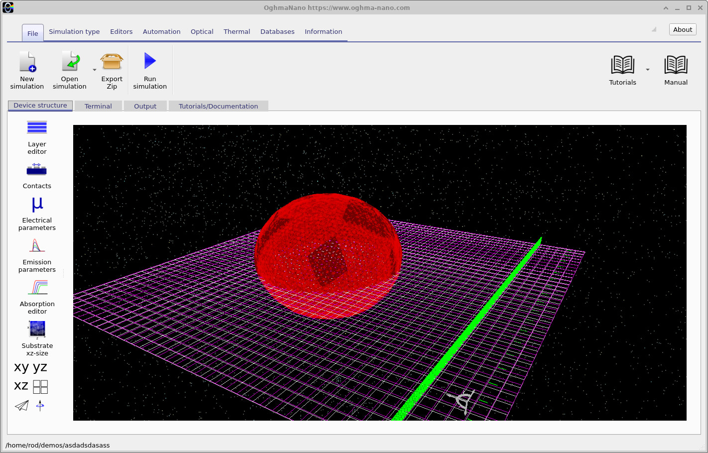 Main OghmaNano window displaying the red golf-ball triangle mesh and the simulation domain