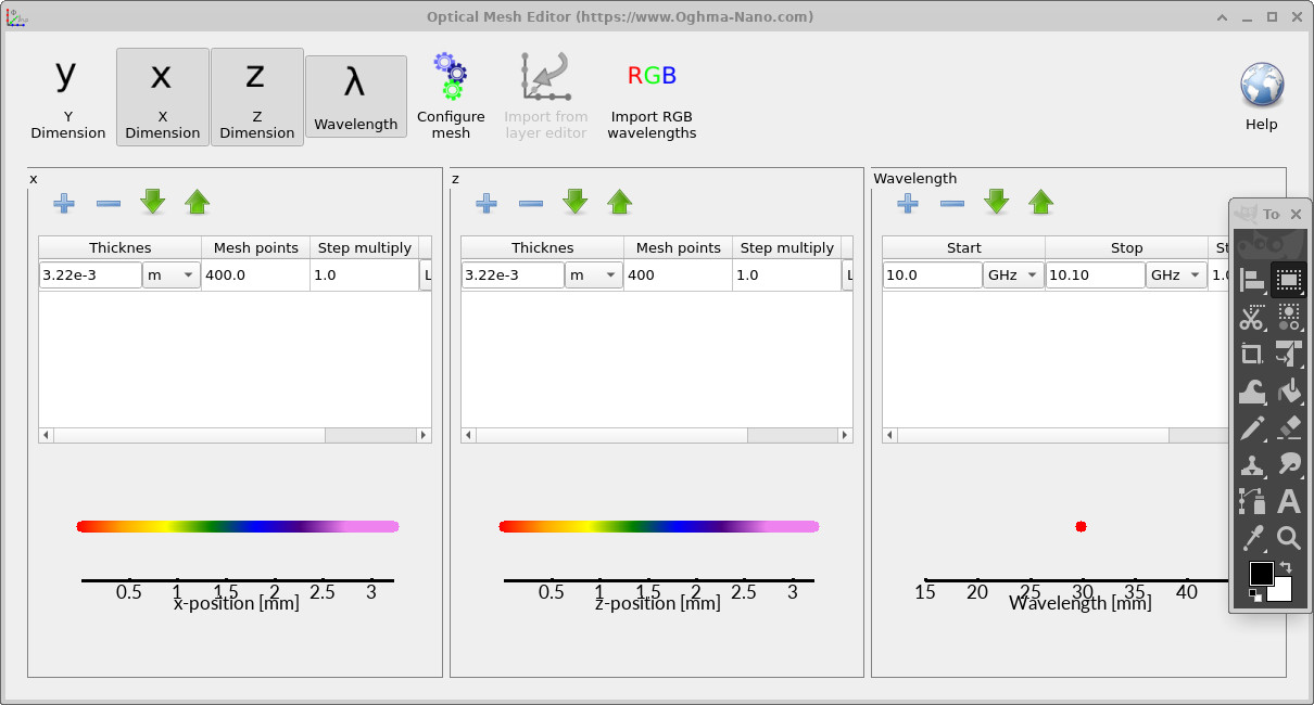 Optical mesh editor with X and Z dimension grids and a single frequency point close to 10 GHz