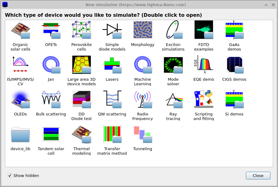 OghmaNano New simulation window showing multiple categories of example projects