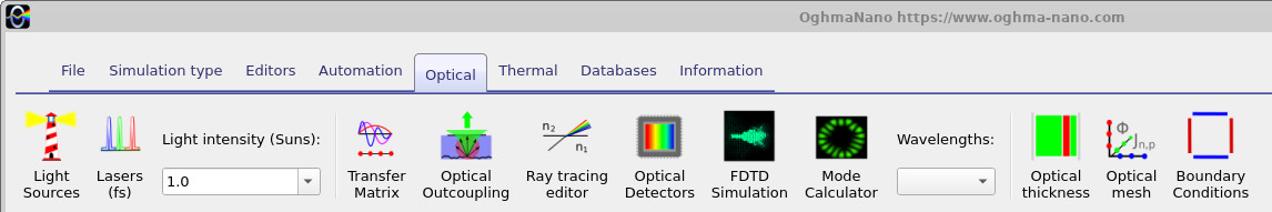 OghmaNano Optical ribbon containing source, detector and mesh tools