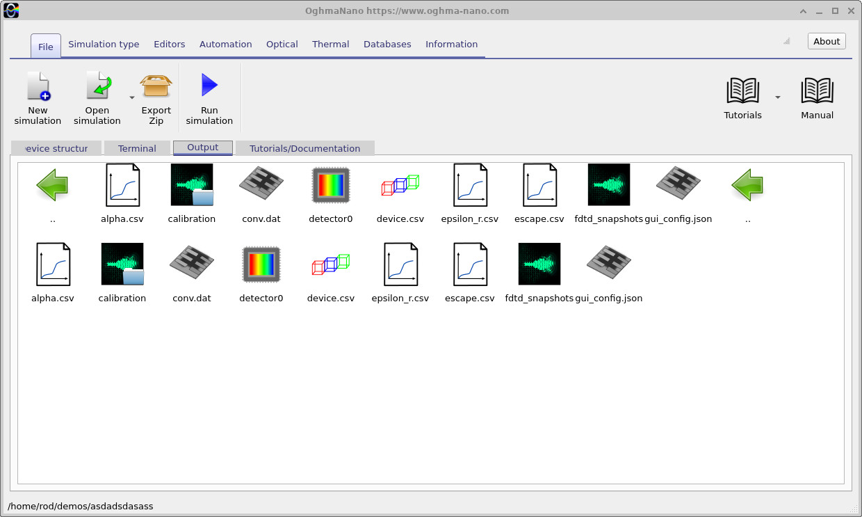 OghmaNano Output tab showing the files and folders generated by the golf-ball simulation