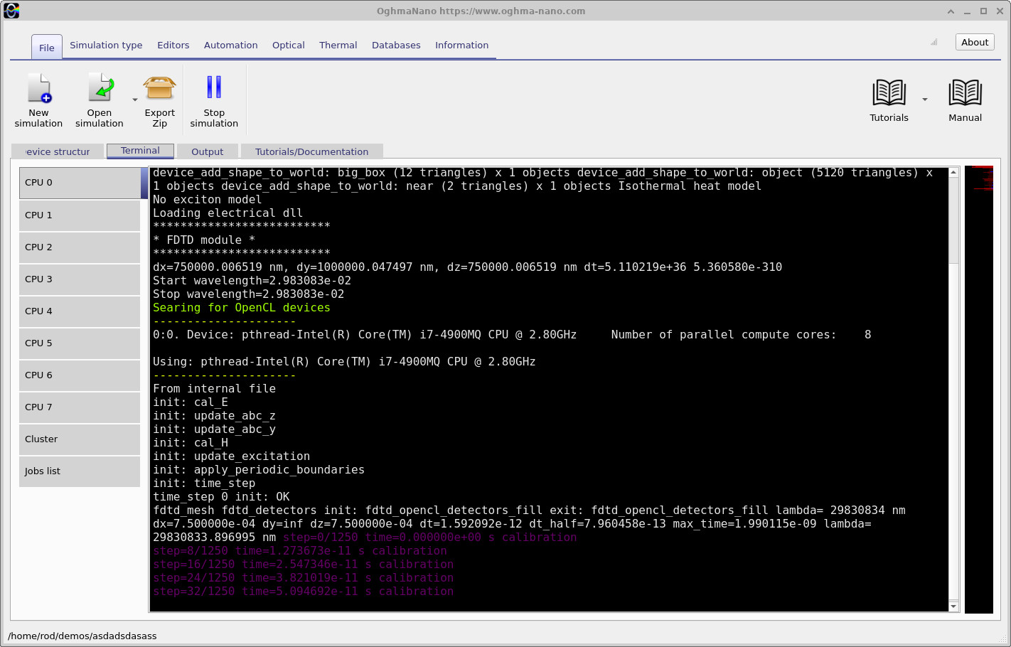 Simulation console showing the FDTD solver starting