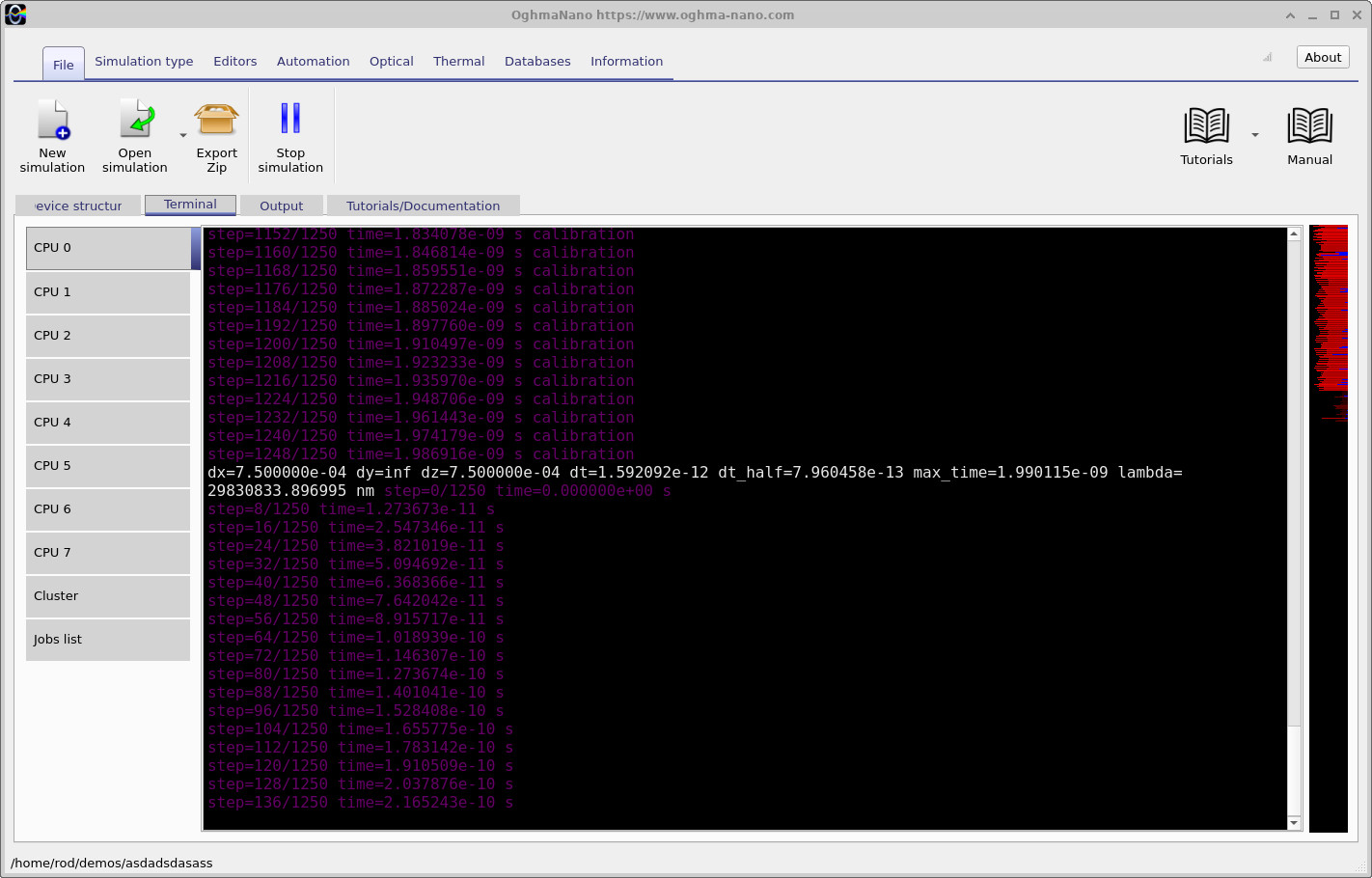 Simulation console showing the progress of the RF computation