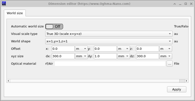 Dimension editor opened from Substrate XY size, showing world offsets and X Y Z domain sizes