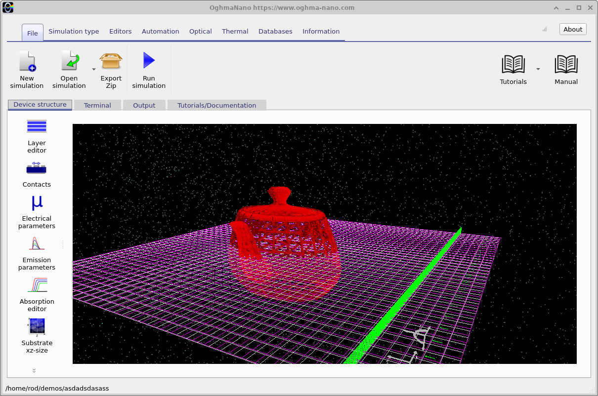 Red teapot triangle-mesh geometry in OghmaNano after replacing the golf ball