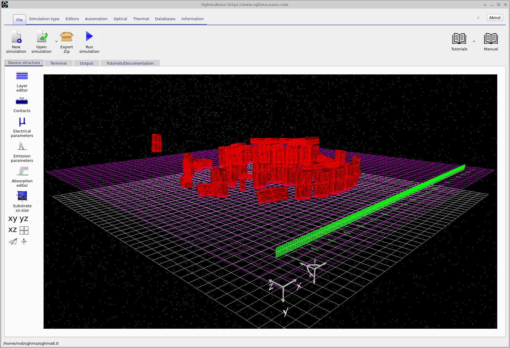 OghmaNano three-dimensional Stonehenge simulation geometry shown in red within the RF simulation domain
