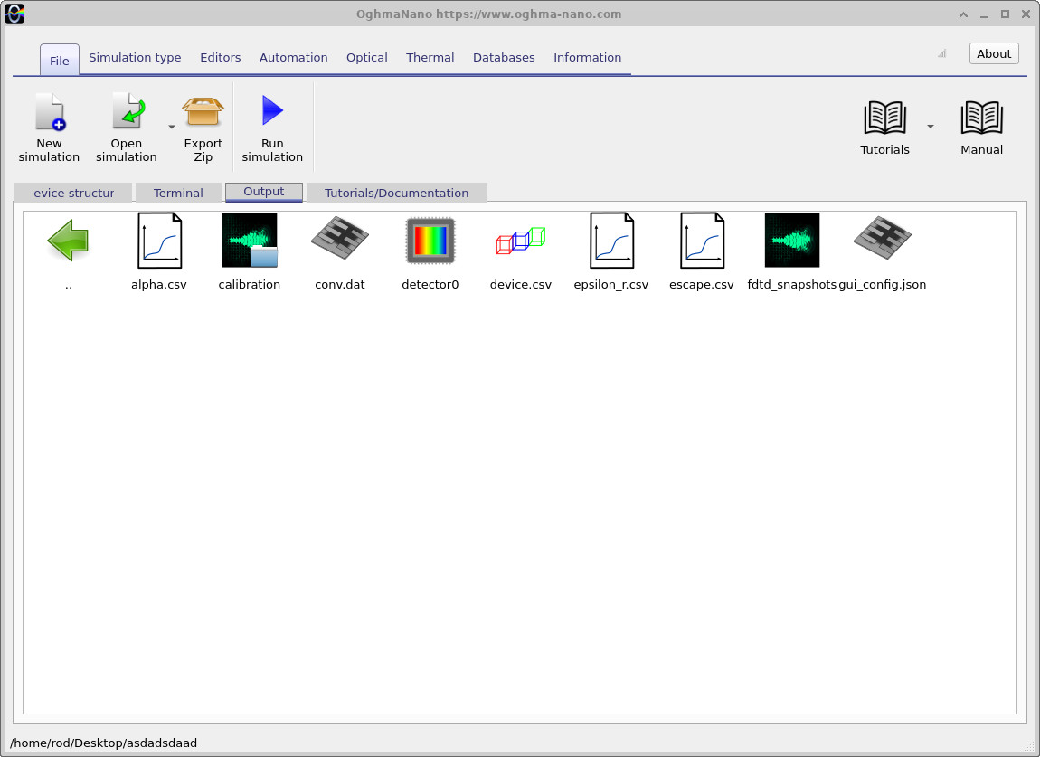 OghmaNano Output tab listing generated simulation data and result folders
